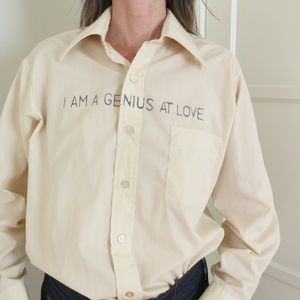 Vintage Dress Shirt 15 - 33 Tan Med "I Am A Genius at Love" One of a Kind